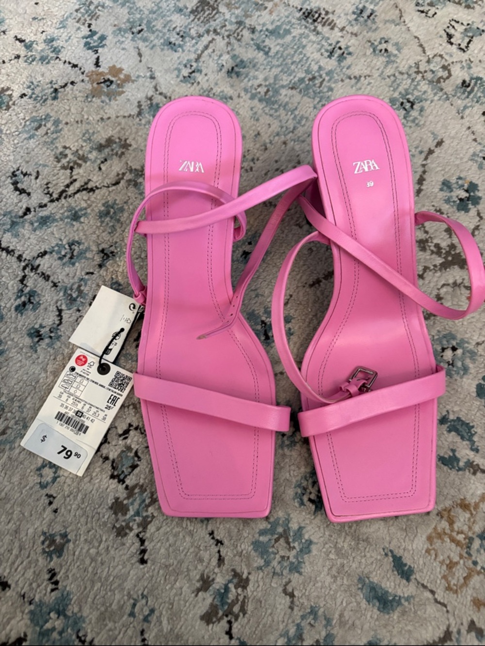 ZARA Bright Pink Square-Toe Strappy Heels